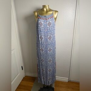THML Women’s Maxi Dress Sz M Sleeveless Pompon Trim Summer Cool Boho